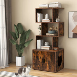 Costway 142Cm Tall Cat Litter Box Enclosure Indoor Pet House Corner Bookshelf-Brown
