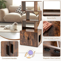 Costway 142Cm Tall Cat Litter Box Enclosure Indoor Pet House Corner Bookshelf-Brown - thumbnail 9