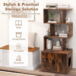 Costway 142Cm Tall Cat Litter Box Enclosure Indoor Pet House Corner Bookshelf-Brown - thumbnail 8
