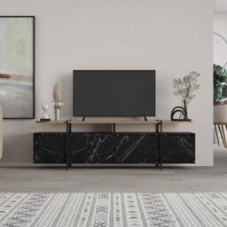 Decortie Hanley Modern Tv Unit Multimedia Centre Black Marble Effect Oak Effect With Storage Tv Cabinet 160Cm