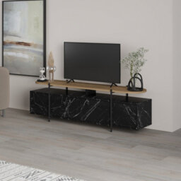 Decortie Hanley Modern Tv Unit Multimedia Centre Black Marble Effect Oak Effect With Storage Tv Cabinet 160Cm - thumbnail 4