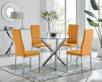 Furniturebox Uk Selina Chrome Round Glass Dining Table And 4 Mustard Milan Dining Chairs - image 1