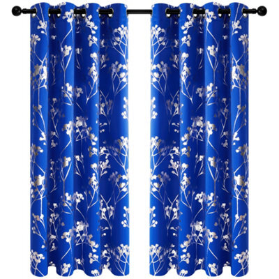 Deconovo Foil Printed Tree Blackout Curtains Eyelet Curtains For Living Room Royal Blue W46 X L90 Inch 2 Panels