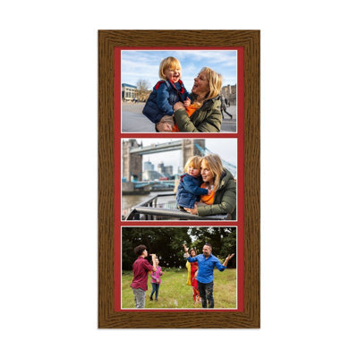 AK Frames 16X8 Dark Oak Modern Multi Photo Frame With Crimson Mount - Holds 3 Apertures (3X) 7X5 Photos - image 1