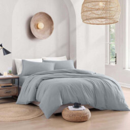 Bedlooms Silver Plain Dyed Duvet Cover Complete Bedding Set, Breathable & Anti-Allergic Microfiber, Super King 260X220Cm