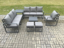 Fimous Aluminium 9 Seater Outdoor Garden Furniture Lounge Sofa Set With Square Coffee Table Chair Footstools Side Table - thumbnail 2