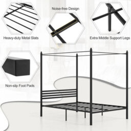 Double Size Canopy Bed Frame 200 X 140 Cm 4-Poster Metal Platform Bed - thumbnail 1