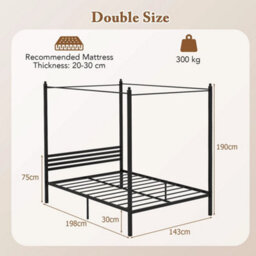 Double Size Canopy Bed Frame 200 X 140 Cm 4-Poster Metal Platform Bed - thumbnail 2