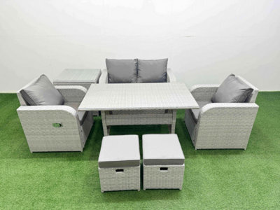 Fimous Light Grey Pe Wicker Rattan Garden Furniture Set Sofa Set Reclining Chair Dining Table 6 Seater 2 Small Stools Side Table - image 1