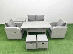 Fimous Light Grey Pe Wicker Rattan Garden Furniture Set Sofa Set Reclining Chair Dining Table 6 Seater 2 Small Stools Side Table - thumbnail 1