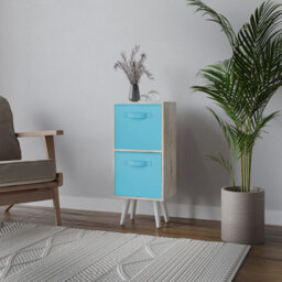 Urbn-Living Urbnliving 54Cm Height Antique Oak Wooden 2 Tier Storage Bookcase White Legs Bedroom Sky Blue Inserts - thumbnail 1