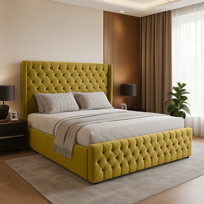 Adore Designs Chesterfield Winged Plush Velvet Sleigh Bed, With Footboard - 3Ft Single - Turmeric - image 1
