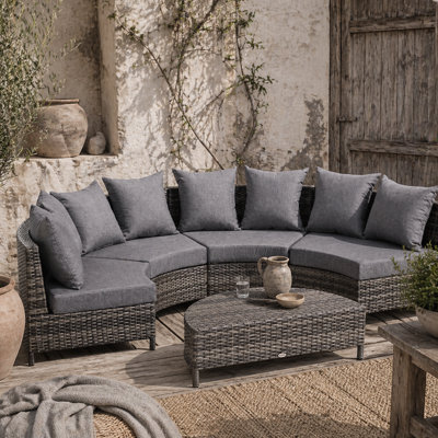 Wyld Haus Reka Grey 5-Piece Half-Round Outdoor Rattan Sofa Set With Semi-Circle Coffee Table - image 1