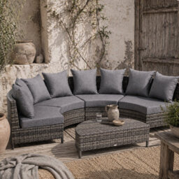 Wyld Haus Reka Grey 5-Piece Half-Round Outdoor Rattan Sofa Set With Semi-Circle Coffee Table - thumbnail 1