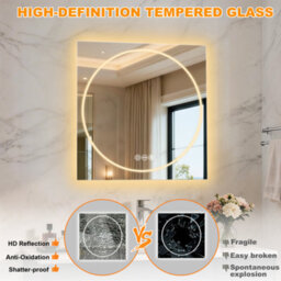 Luvodi 70X70Cm Led Bathroom Mirror Tempered Glass Vanity Mirror Anti-Fog, Tri-Color Dimmable Lights - thumbnail 5