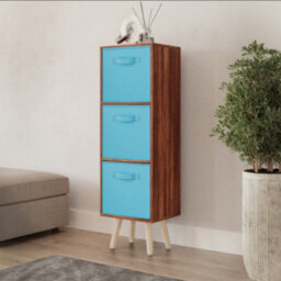 Urbn-Living Urbnliving 80Cm Height 3 Tier Teak Wooden Storage Bookcase Scandinavian Style Pine Legs With Sky Blue Inserts