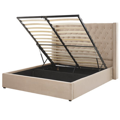 Beliani Ottoman Bed Velvet Lubbon 160 X 200 Cm (Eu King Size) Beige - image 1