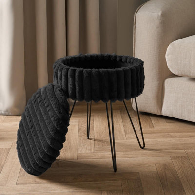 OHS Faux Fur Stool Hairpin Ribbed Fleece Round Vanity Seat Cushioned, Black - image 1