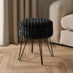OHS Faux Fur Stool Hairpin Ribbed Fleece Round Vanity Seat Cushioned, Black - thumbnail 7