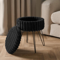 OHS Faux Fur Stool Hairpin Ribbed Fleece Round Vanity Seat Cushioned, Black