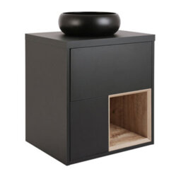 Homestylestore Black Grey 594mm Led Lit Wall Hung Bathroom Vanity Unit Round Countertop Graphite Basin Open Shelf - thumbnail 1