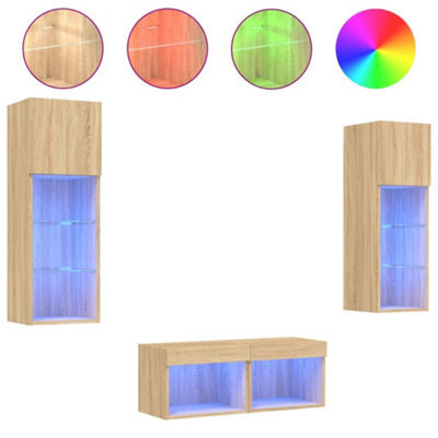 Berkfield Durable 4 Piece Tv Wall Cabinets With Led Lights Sonoma Oak - image 1