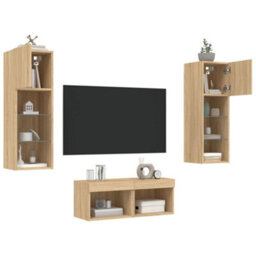 Berkfield Durable 4 Piece Tv Wall Cabinets With Led Lights Sonoma Oak - thumbnail 5