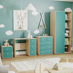 Lassic Junior Vida Neptune Blue & Oak 4 Piece Bedroom Furniture Set - Desk, Bedside Table, Drawer Chest, Wardrobe - thumbnail 2