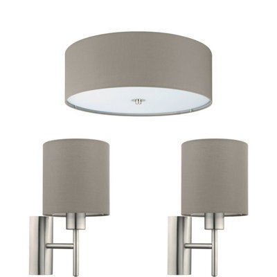 Stylish Low Ceiling Light With Two Matching Wall Sconces In Taupe Fabric - image 1