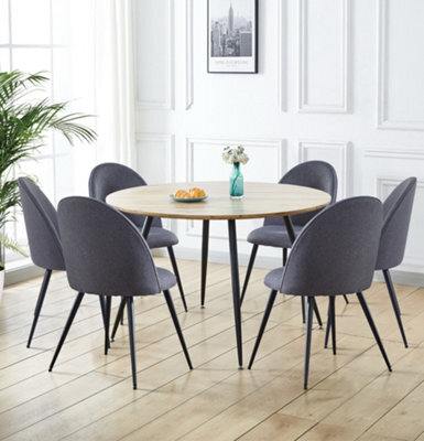 Hallowood Furniture Cullompton Large Round Dining Table, Light Oak Effect Top (120Cm), With 6 Grey Fabric Curved Back Chairs - image 1