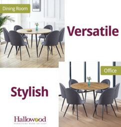 Hallowood Furniture Cullompton Large Round Dining Table, Light Oak Effect Top (120Cm), With 6 Grey Fabric Curved Back Chairs - thumbnail 6