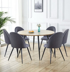 Hallowood Furniture Cullompton Large Round Dining Table, Light Oak Effect Top (120Cm), With 6 Grey Fabric Curved Back Chairs - thumbnail 1