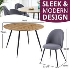 Hallowood Furniture Cullompton Large Round Dining Table, Light Oak Effect Top (120Cm), With 6 Grey Fabric Curved Back Chairs - thumbnail 3