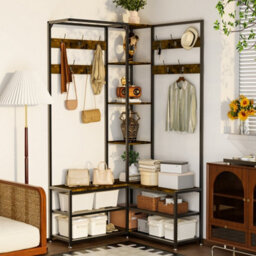 Fativo  3 In 1 Corner Hall Tree Coat Rack Stand With Bench Entryway Storage Shelf Hooks - thumbnail 1