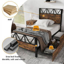 Abrihome 3Ft Single Metal Bed Frame (90X190Cm), Durable & Sturdy Iron Storage Bed With 2 Drawers, Multifunctional Design In Black & Wood - thumbnail 3