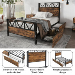 Abrihome 3Ft Single Metal Bed Frame (90X190Cm), Durable & Sturdy Iron Storage Bed With 2 Drawers, Multifunctional Design In Black & Wood - thumbnail 2