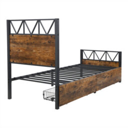Abrihome 3Ft Single Metal Bed Frame (90X190Cm), Durable & Sturdy Iron Storage Bed With 2 Drawers, Multifunctional Design In Black & Wood - thumbnail 8