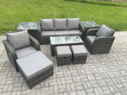 Fimous Rattan Garden Furniture Set With Rectangular Coffee Table 2 Side Tables 8 Seater Patio Outdoor Lounge Sofa Set - thumbnail 2
