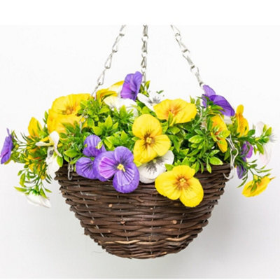 Primrose Artificial Pansy Flowers Rattan Hanging Basket Decoration Yellow Purple & White 25Cm - image 1
