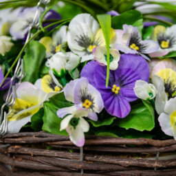 Primrose Artificial Pansy Flowers Rattan Hanging Basket Decoration Yellow Purple & White 25Cm - thumbnail 5