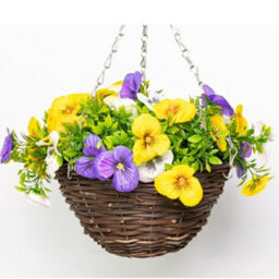 Primrose Artificial Pansy Flowers Rattan Hanging Basket Decoration Yellow Purple & White 25Cm - thumbnail 1