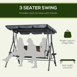 Outsunny 3 Seater Garden Swing Seat Bench W/ Adjustable Canopy, Dark Grey - thumbnail 4