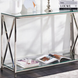 Wyld And Coco Modern Console Table With Transparent Tempered Glass Top And Polished Silver Stainless Steel Frame 120 X 40 Cm - thumbnail 2