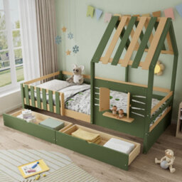 Btm 3Ft Single Wooden Bed 90X190Cm For Children, House-Shaped Frame With Window, 2 Storage Drawers, Green & Natural - thumbnail 2