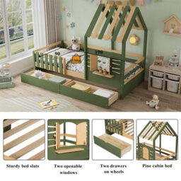 Btm 3Ft Single Wooden Bed 90X190Cm For Children, House-Shaped Frame With Window, 2 Storage Drawers, Green & Natural - thumbnail 5