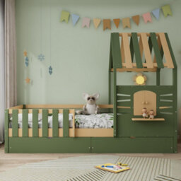 Btm 3Ft Single Wooden Bed 90X190Cm For Children, House-Shaped Frame With Window, 2 Storage Drawers, Green & Natural - thumbnail 3