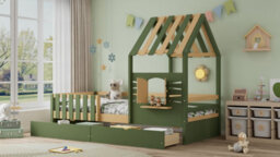Btm 3Ft Single Wooden Bed 90X190Cm For Children, House-Shaped Frame With Window, 2 Storage Drawers, Green & Natural - thumbnail 6