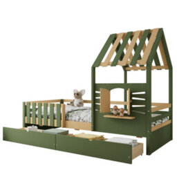 Btm 3Ft Single Wooden Bed 90X190Cm For Children, House-Shaped Frame With Window, 2 Storage Drawers, Green & Natural - thumbnail 9
