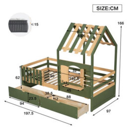 Btm 3Ft Single Wooden Bed 90X190Cm For Children, House-Shaped Frame With Window, 2 Storage Drawers, Green & Natural - thumbnail 4
