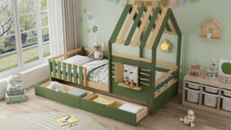 Btm 3Ft Single Wooden Bed 90X190Cm For Children, House-Shaped Frame With Window, 2 Storage Drawers, Green & Natural - thumbnail 7
